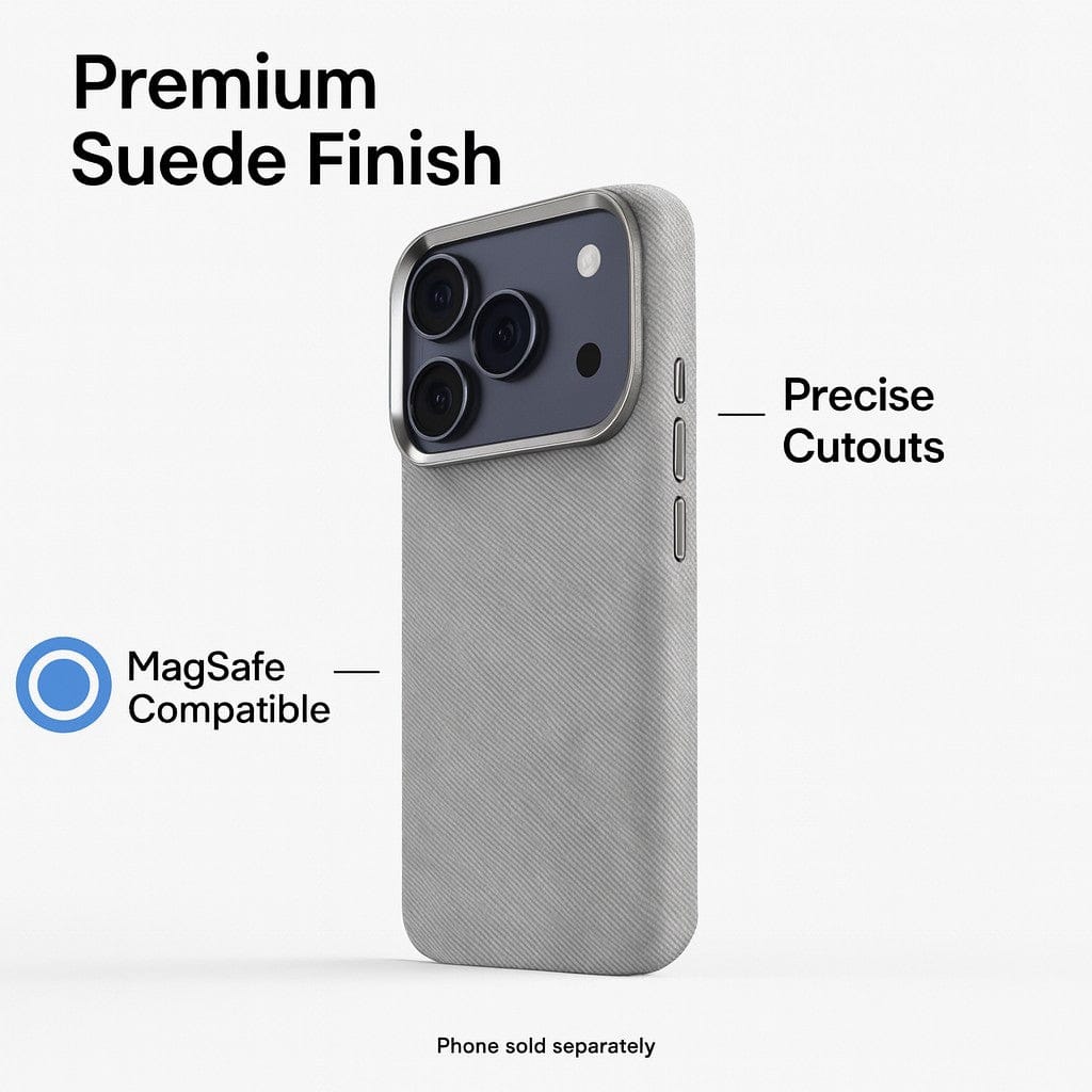SaharaCase Indy Suede Leather Case for iPhone 17 Pro Max — gray feature graphic
