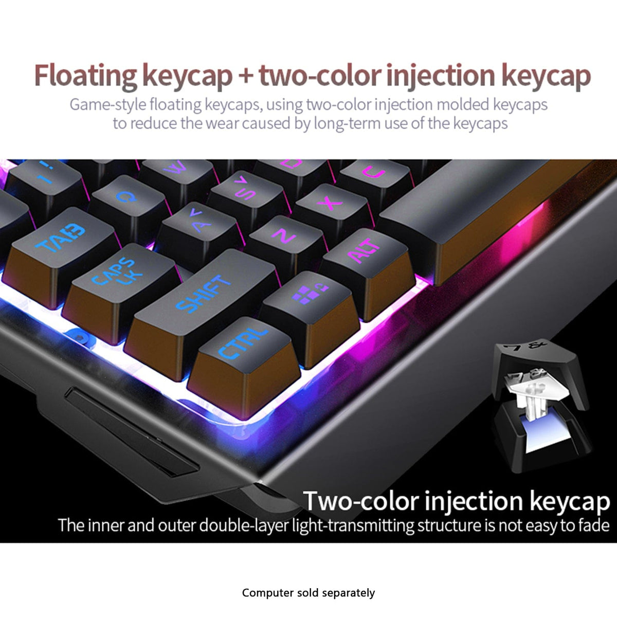 Close-up of KB37 raised double-layer keycaps and illuminated frame