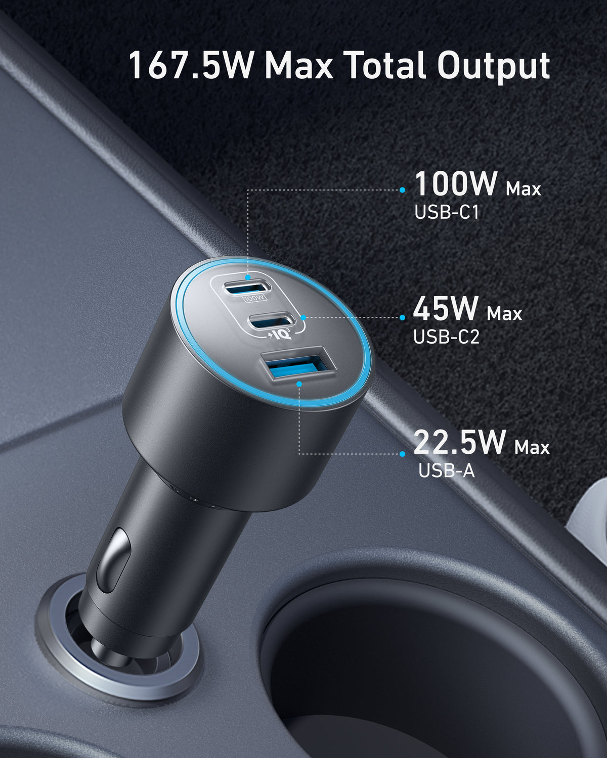 Anker Nano 167.5W 3-Port Car Charger with USB-C Cable