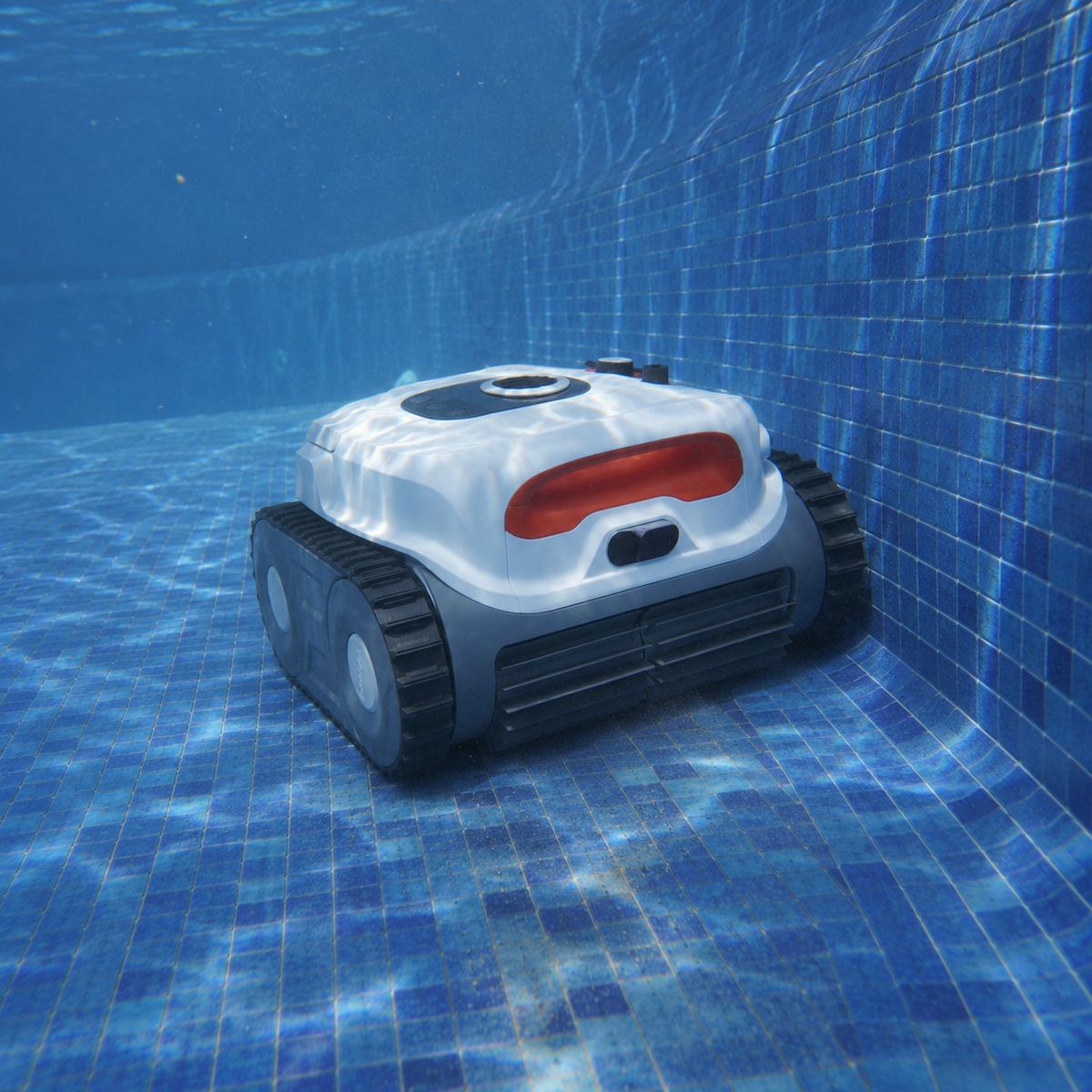 Sublue BN Pro robotic pool cleaner underwater beside a tiled wall