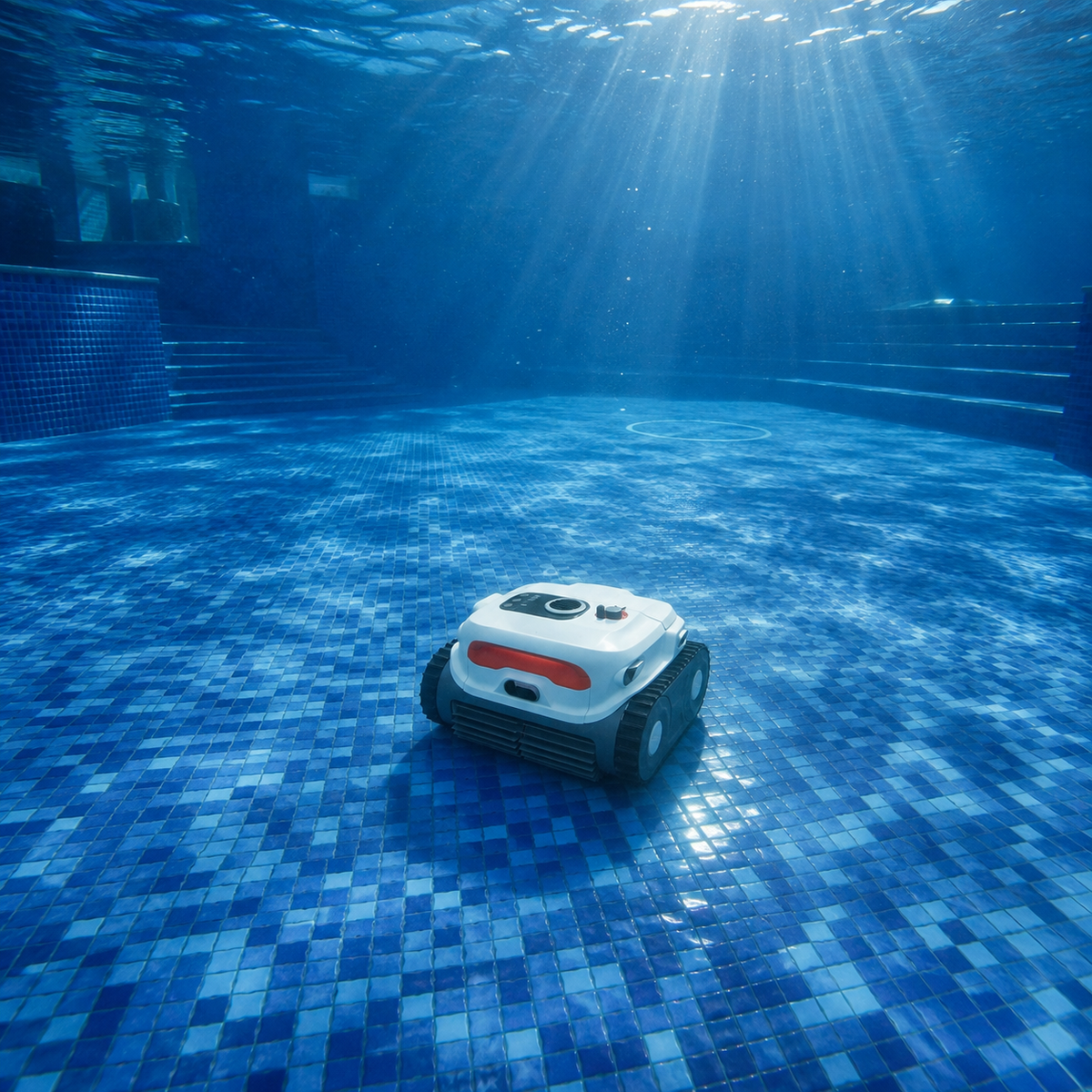 Sublue BN Pro robotic pool cleaner cleaning a large tiled pool floor