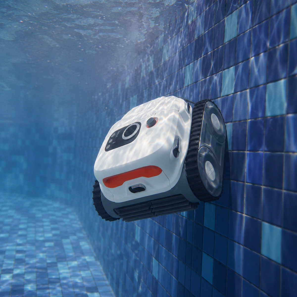 Sublue BN Pro robotic pool cleaner climbing a tiled pool wall
