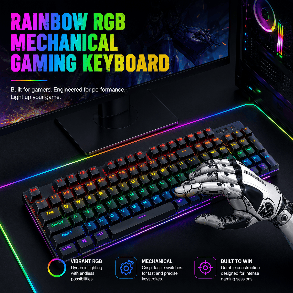 Supplier graphic showing KB36 RGB mechanical keyboard features