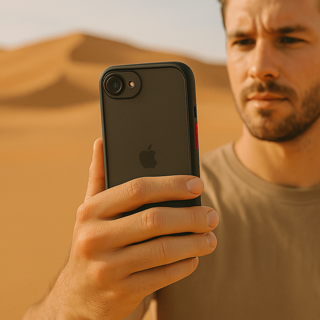 SaharaCase Venture Clear Case for iPhone 17e & iPhone 16e — case demonstration with phone