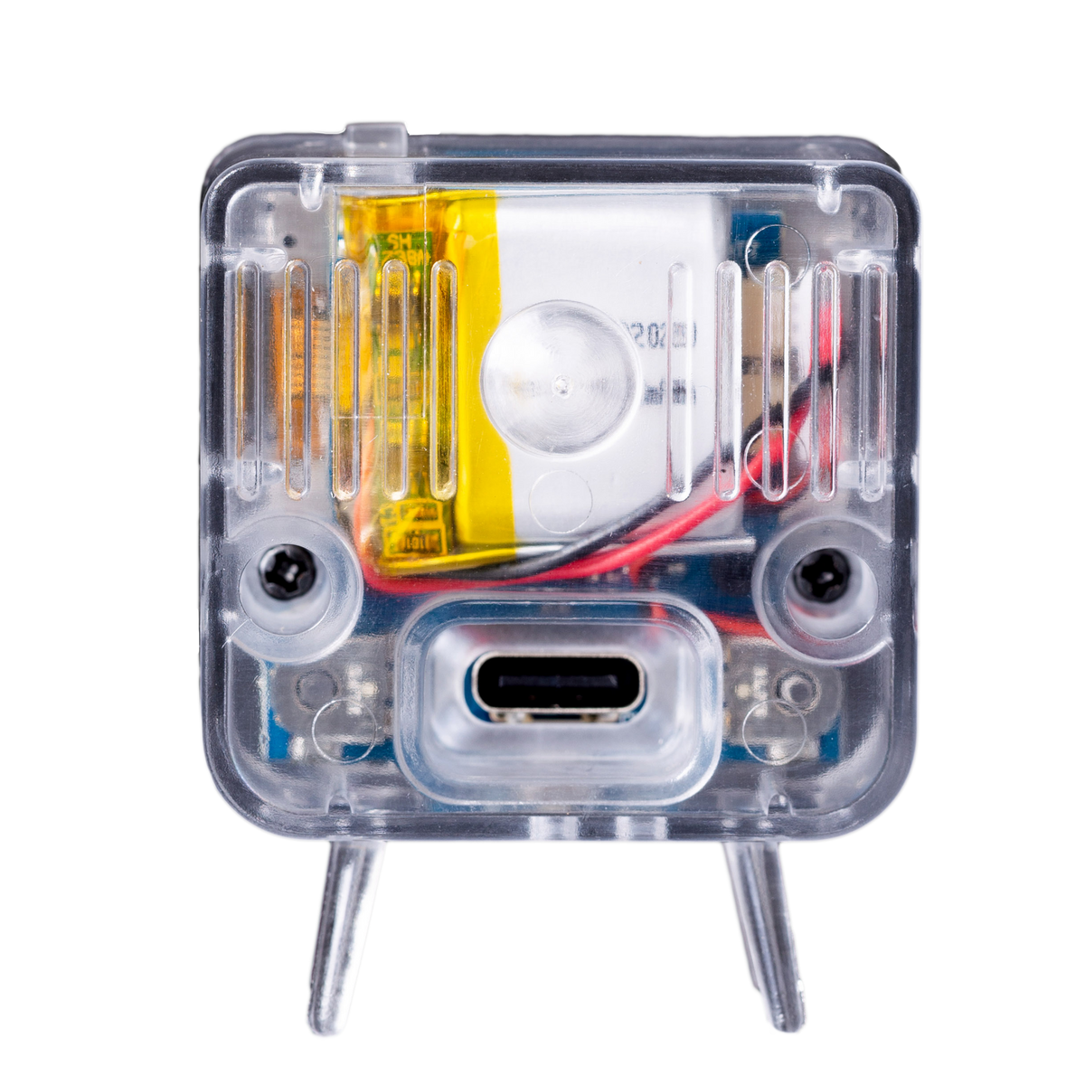 Clear TinyTV 2 rear view showing battery and USB-C port