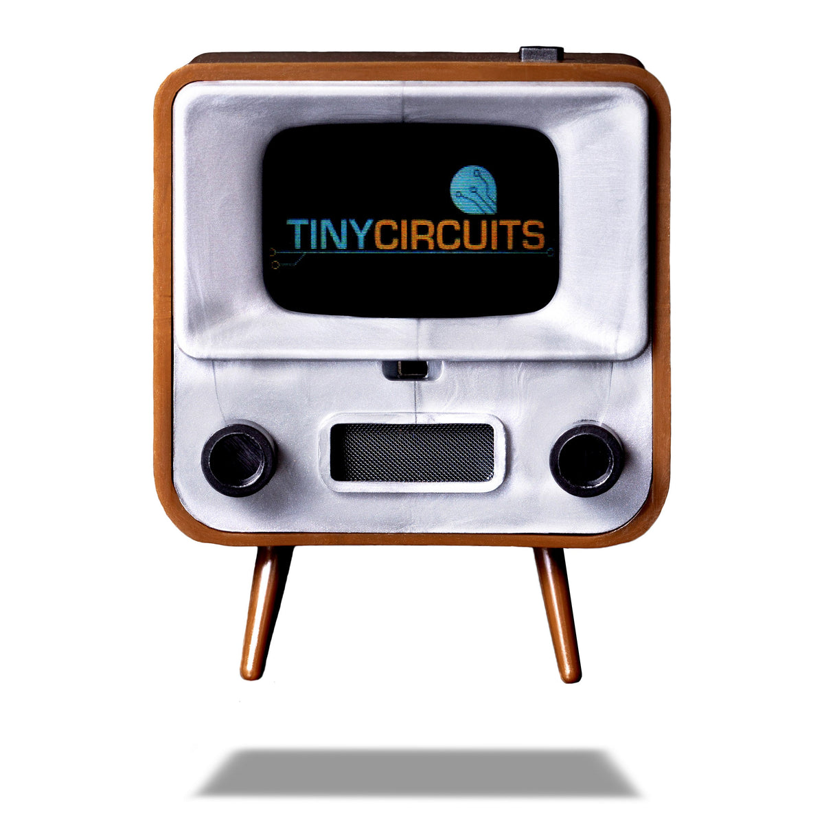 Brown TinyTV 2 front view with rotary control knobs