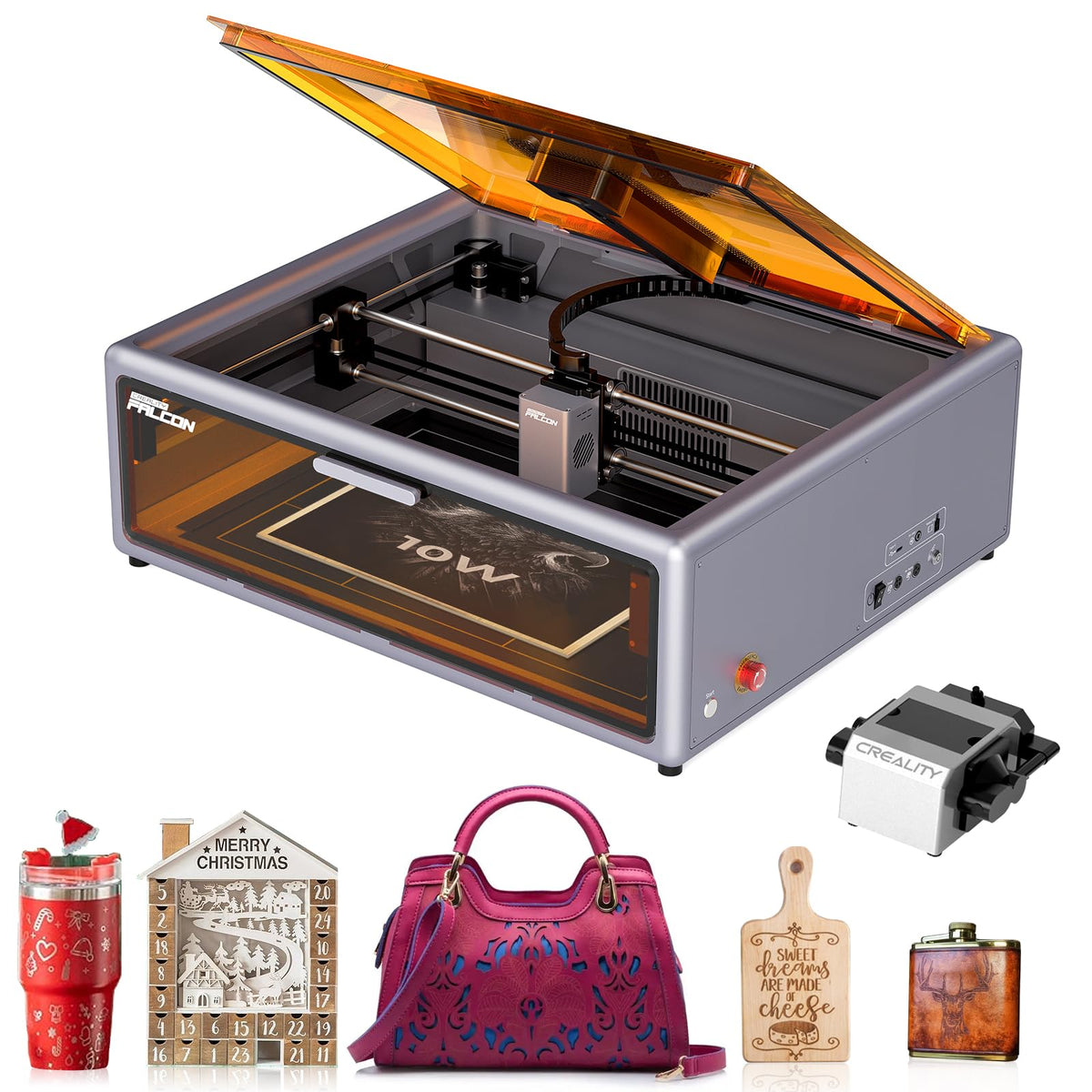 Creality Falcon A1 10W laser engraver with open amber lid, air assist pump and example finished projects