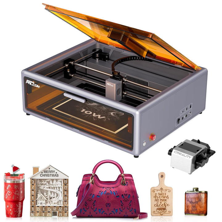 Creality Falcon A1 10W laser engraver with open amber lid, air assist pump and example finished projects
