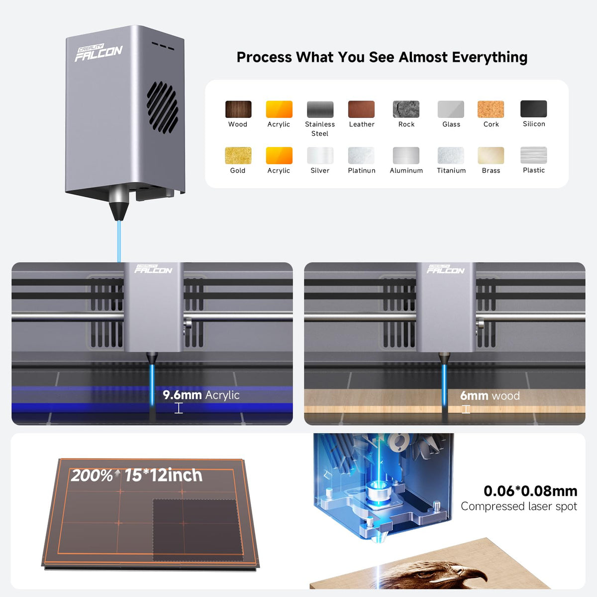 Falcon A1 supplier material guide with laser module and wood and acrylic cutting illustrations