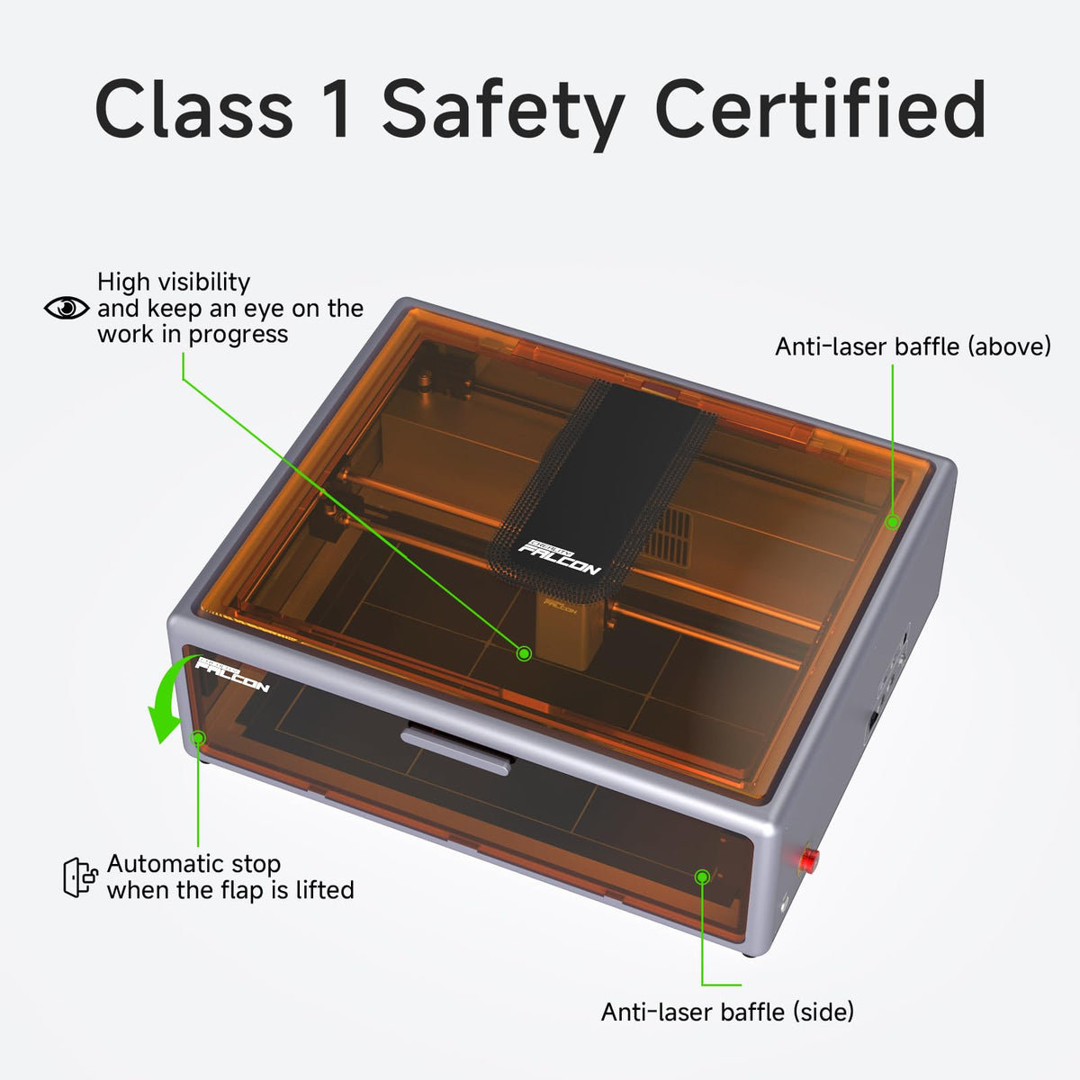 Falcon A1 enclosure diagram showing amber viewing panels and top laser baffle