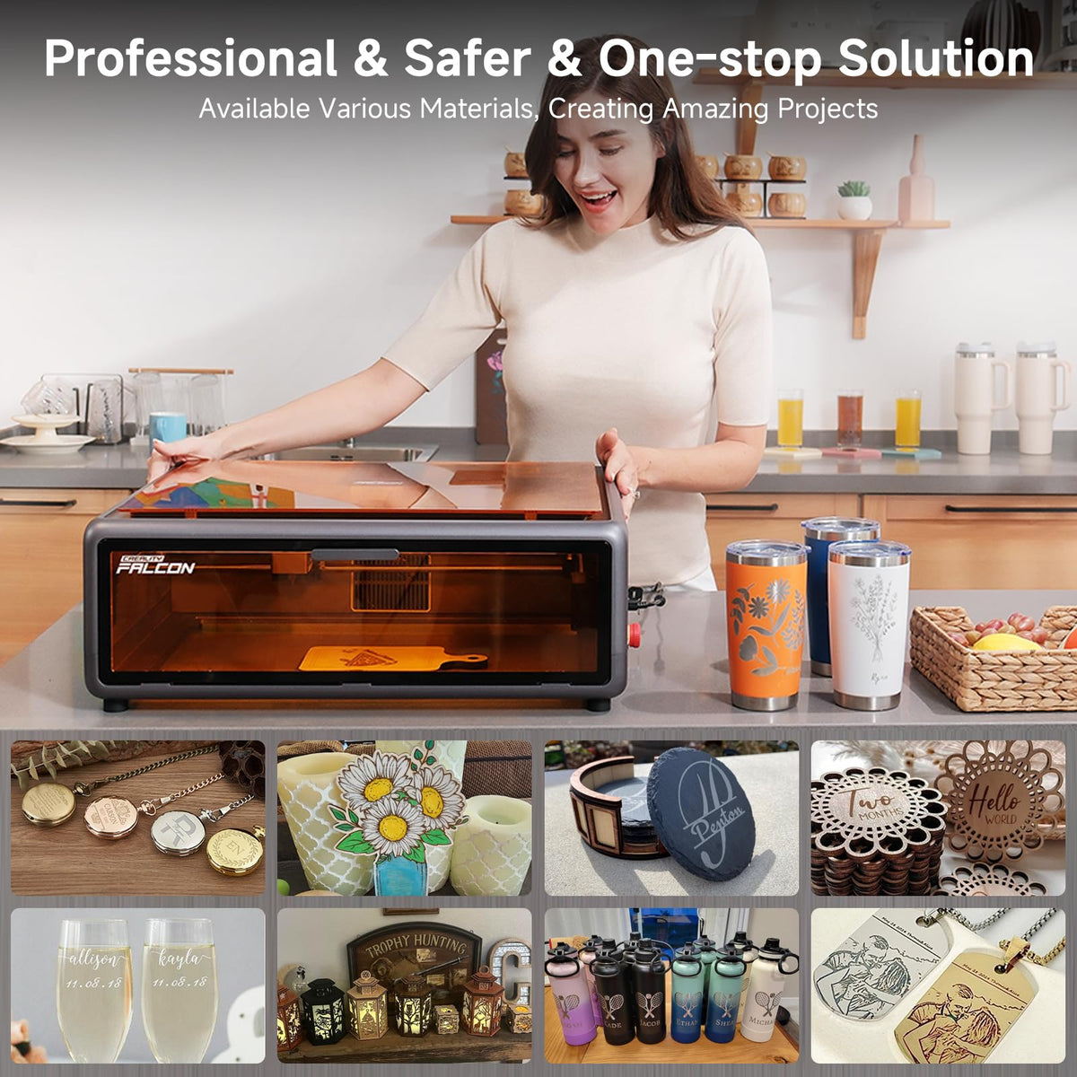 Falcon A1 on a craft workspace with tumblers and decorative project examples