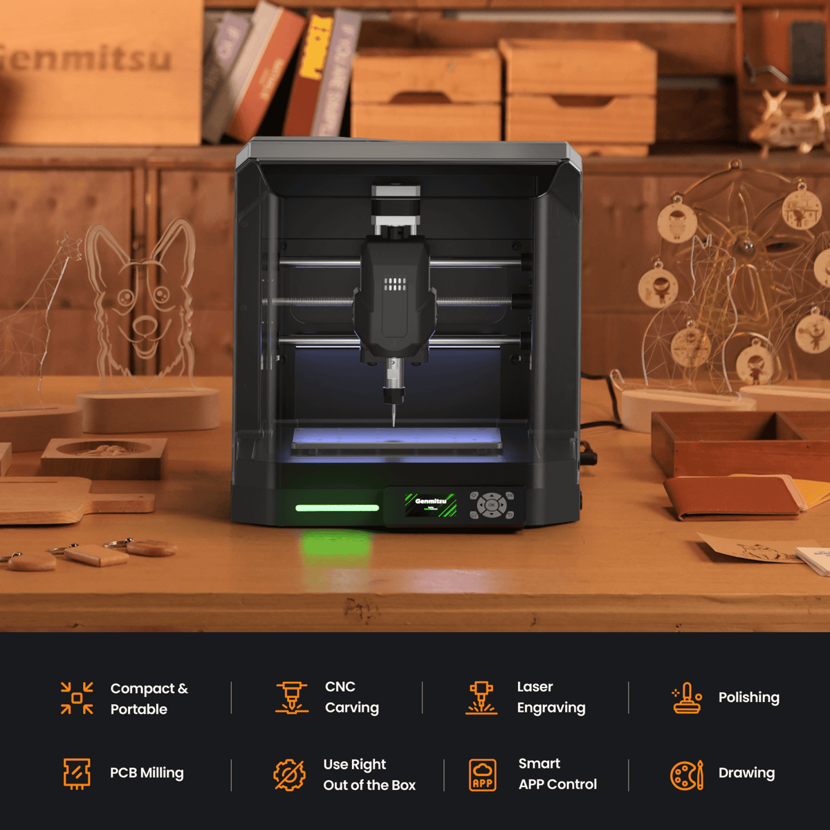 Cubiko desktop CNC router on a workshop bench with sample projects
