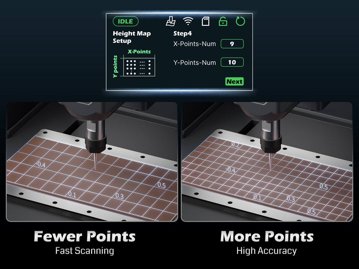 Cubiko height-map setup screen and workpiece probing grid illustrations