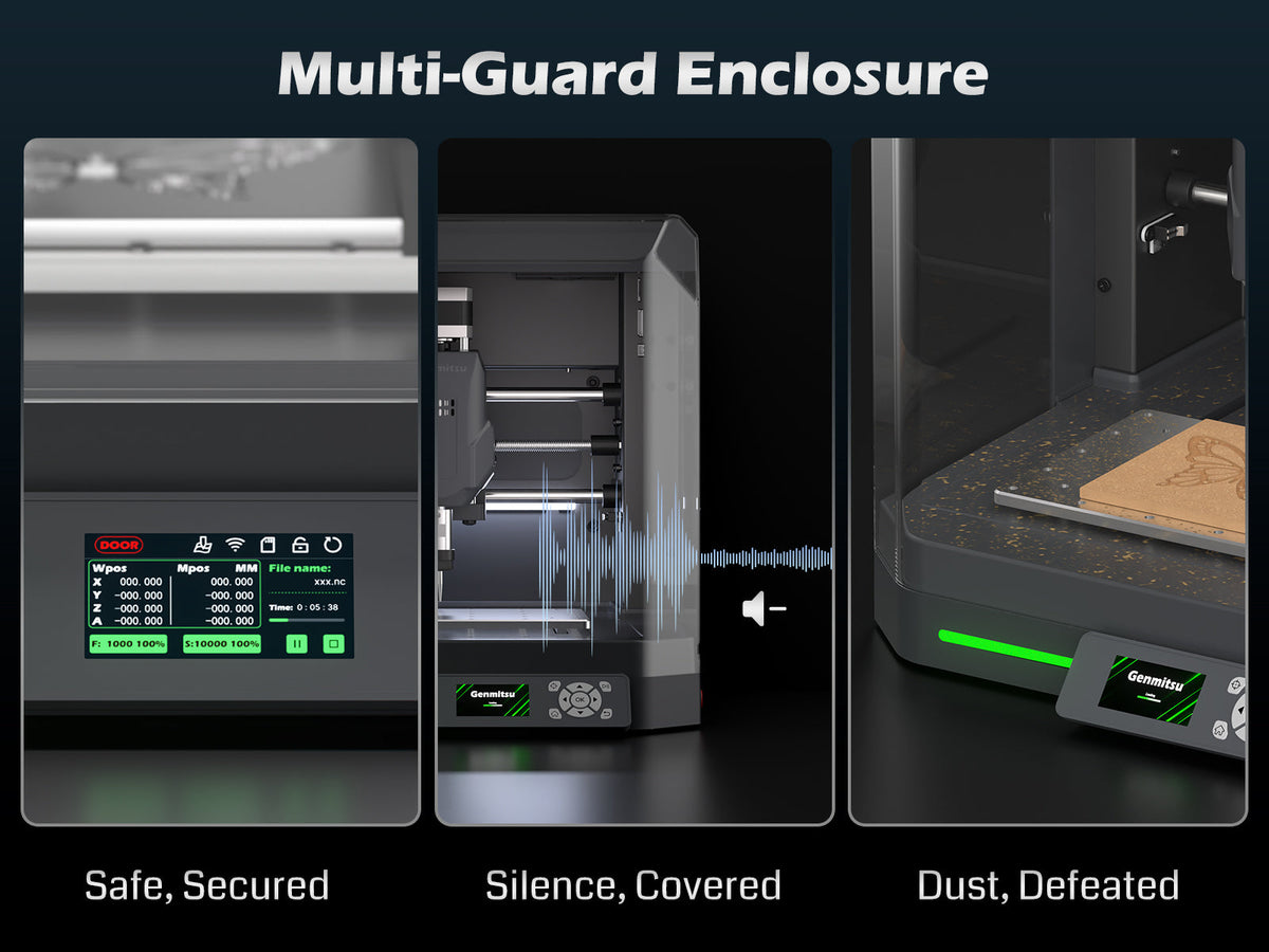 Cubiko enclosure graphic showing control panel, covered machine and work area