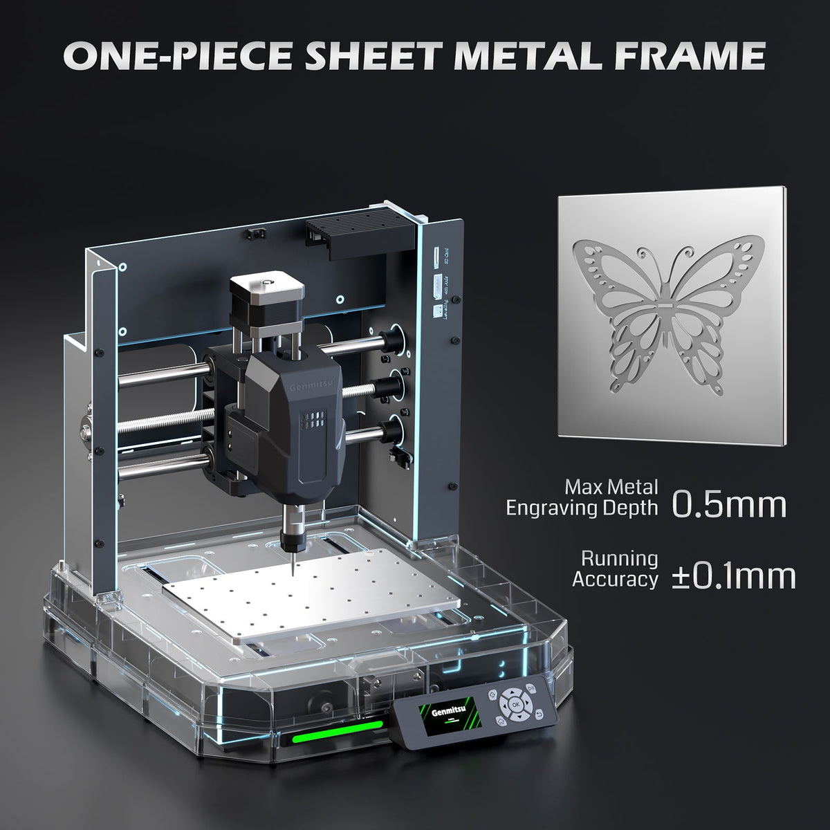 Supplier graphic of Cubiko sheet-metal frame and butterfly engraving example