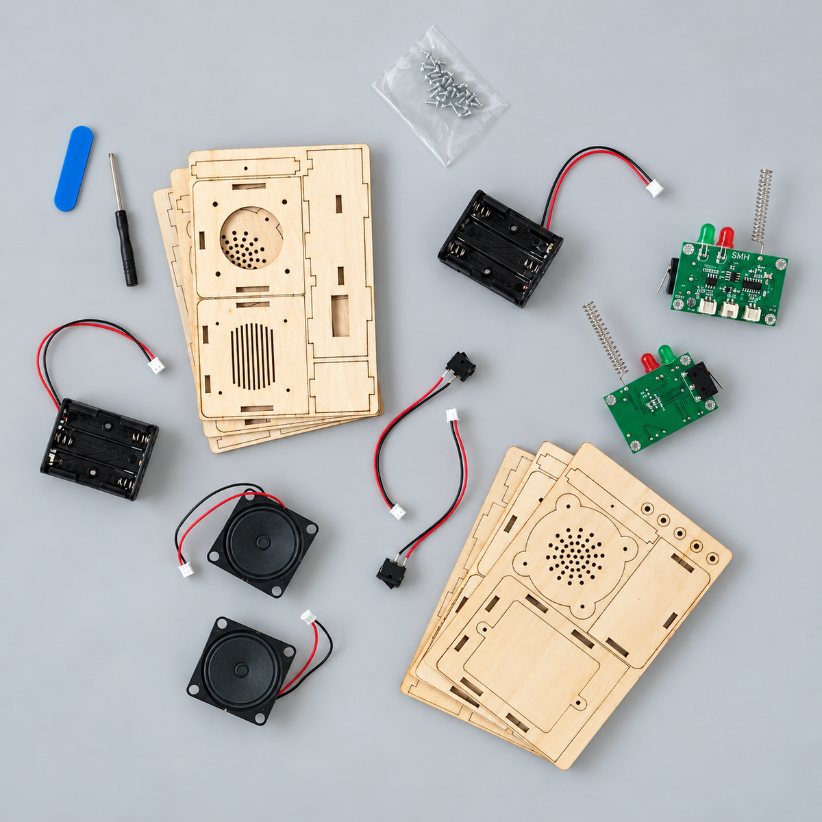 Kitsville Walkie-Talkie Electronics Kit – Set of 2 — parts laid out