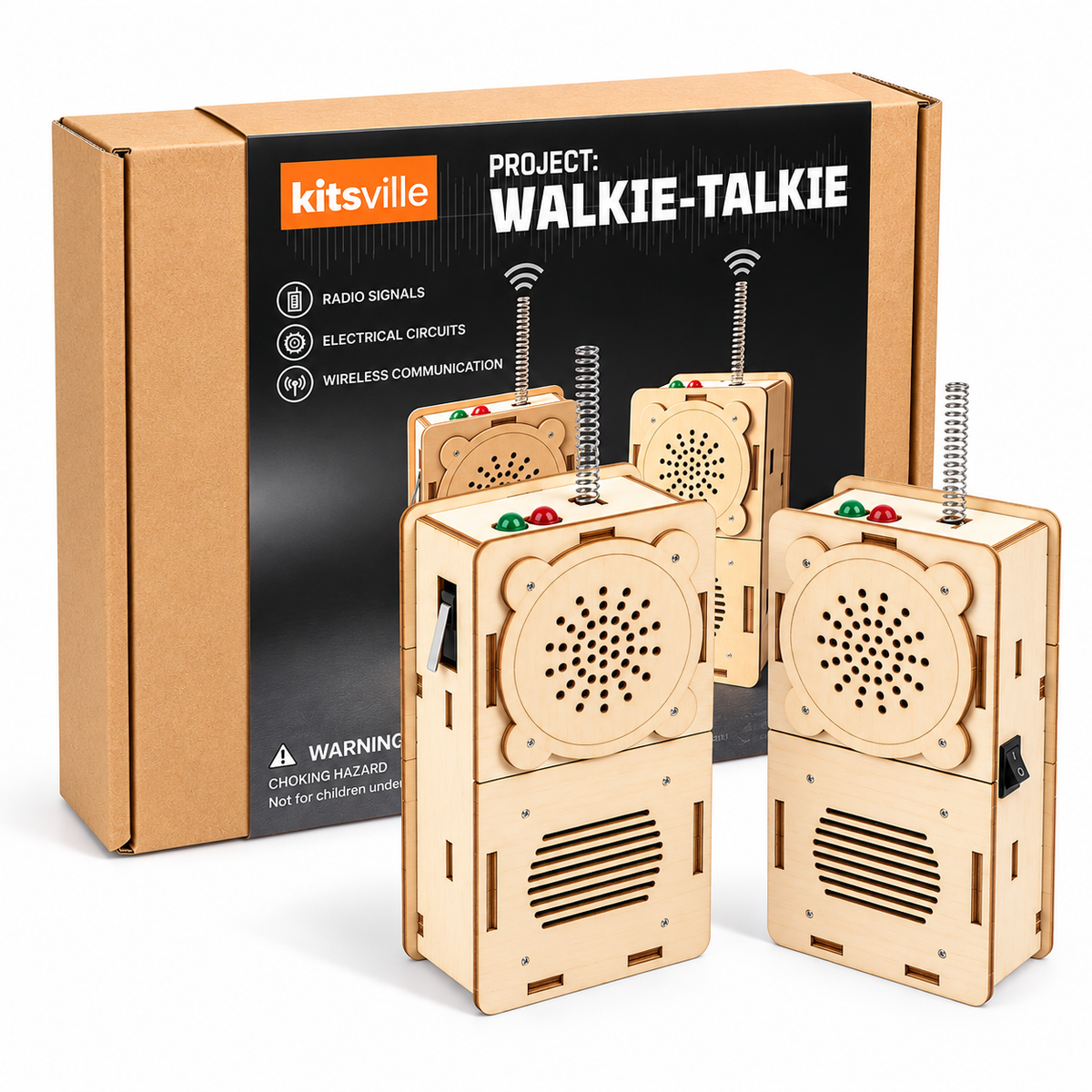 Kitsville Walkie-Talkie Electronics Kit – Set of 2 — retail box and assembled pair