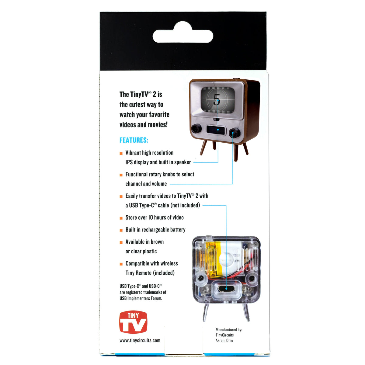Back of TinyTV 2 packaging with features and small-parts warning