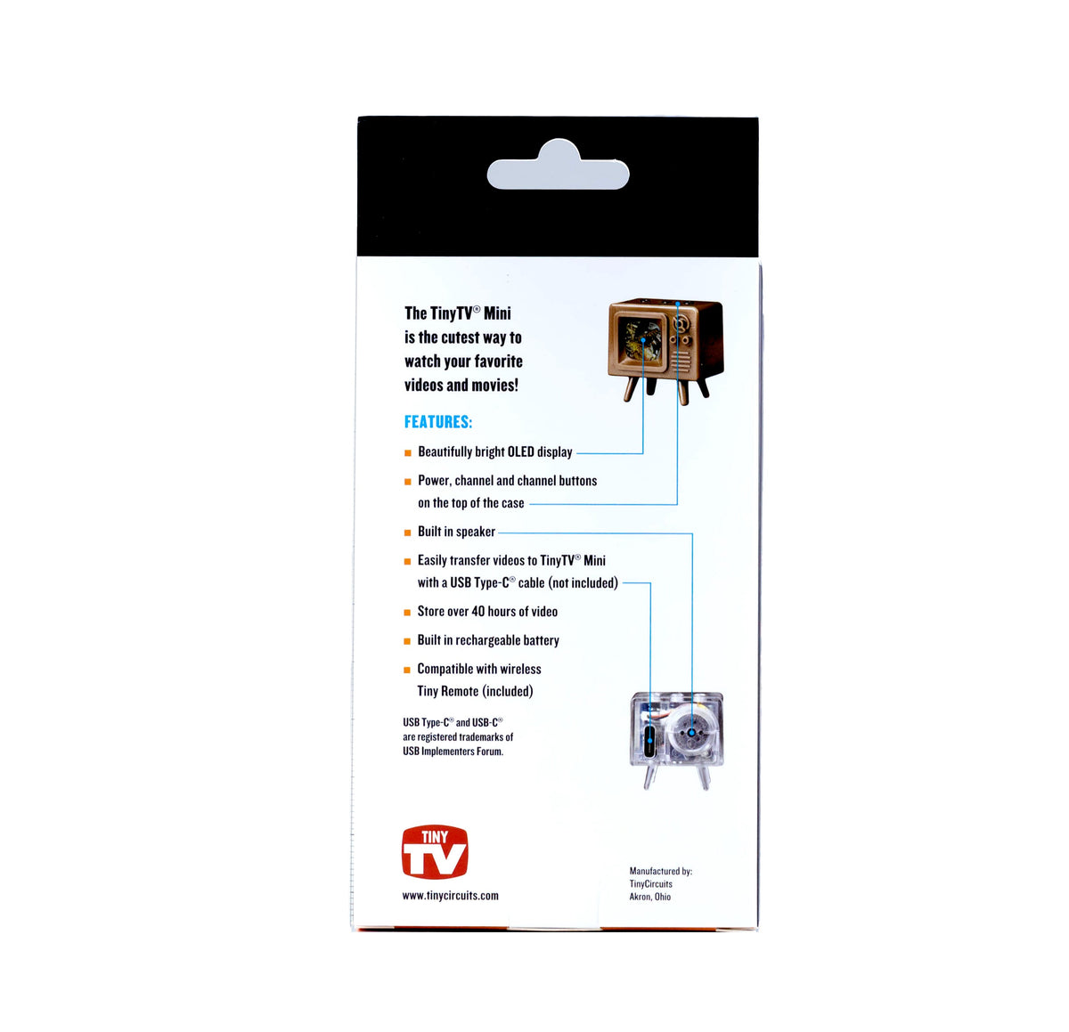 Back of TinyTV Mini packaging showing features and small-parts warning