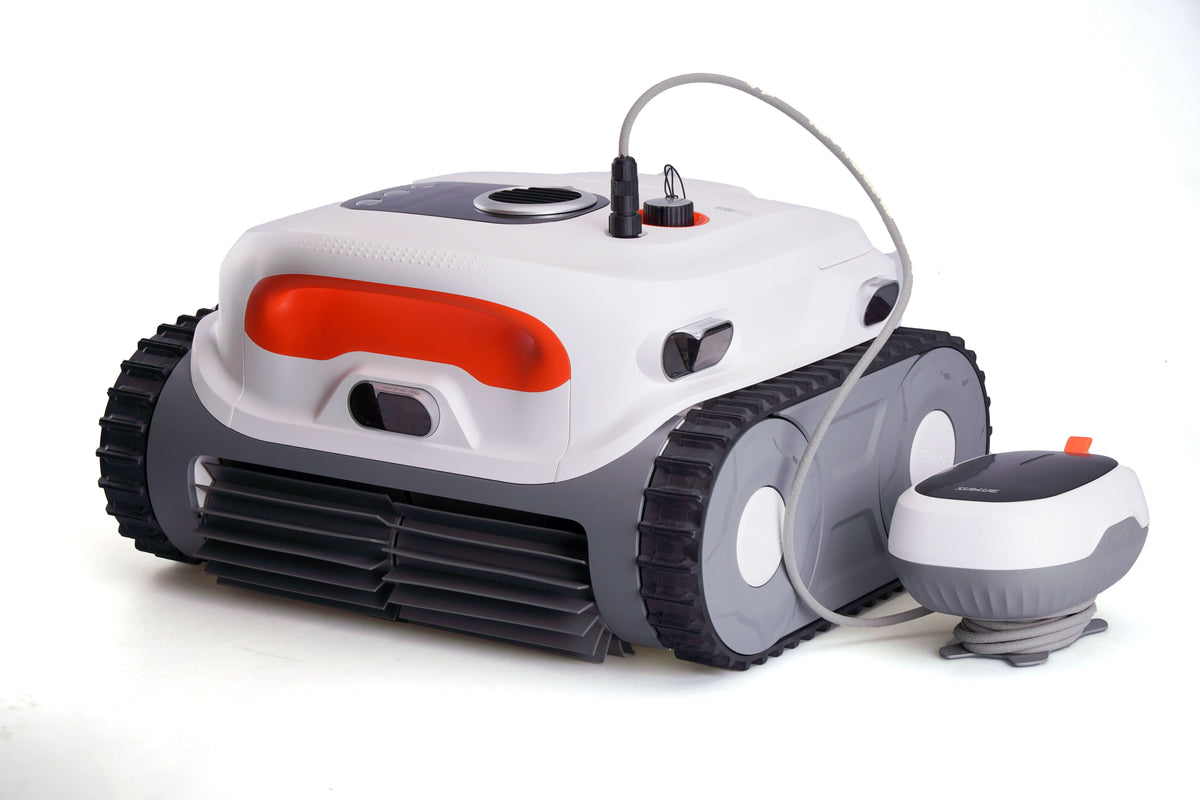 Sublue BN Pro robotic pool cleaner beside its floating communication module