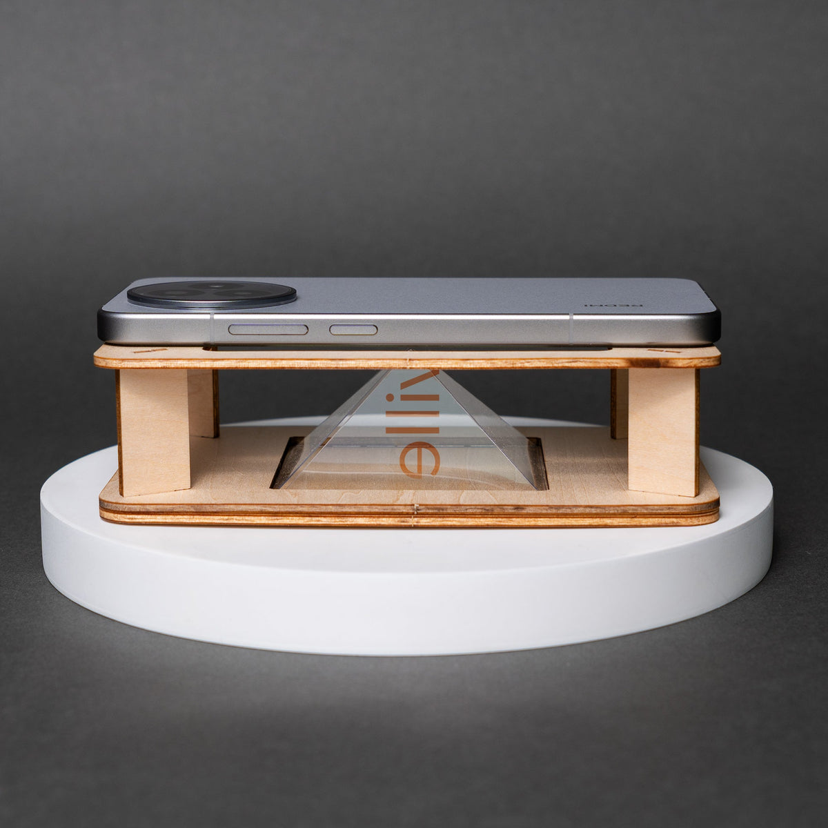 Kitsville Smartphone Hologram-Effect Projector Kit — phone on assembled stand