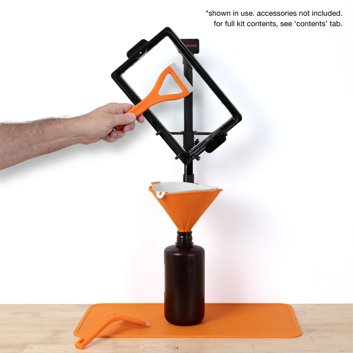 Example vat draining into funnel and bottle; vat, funnel and bottle not included