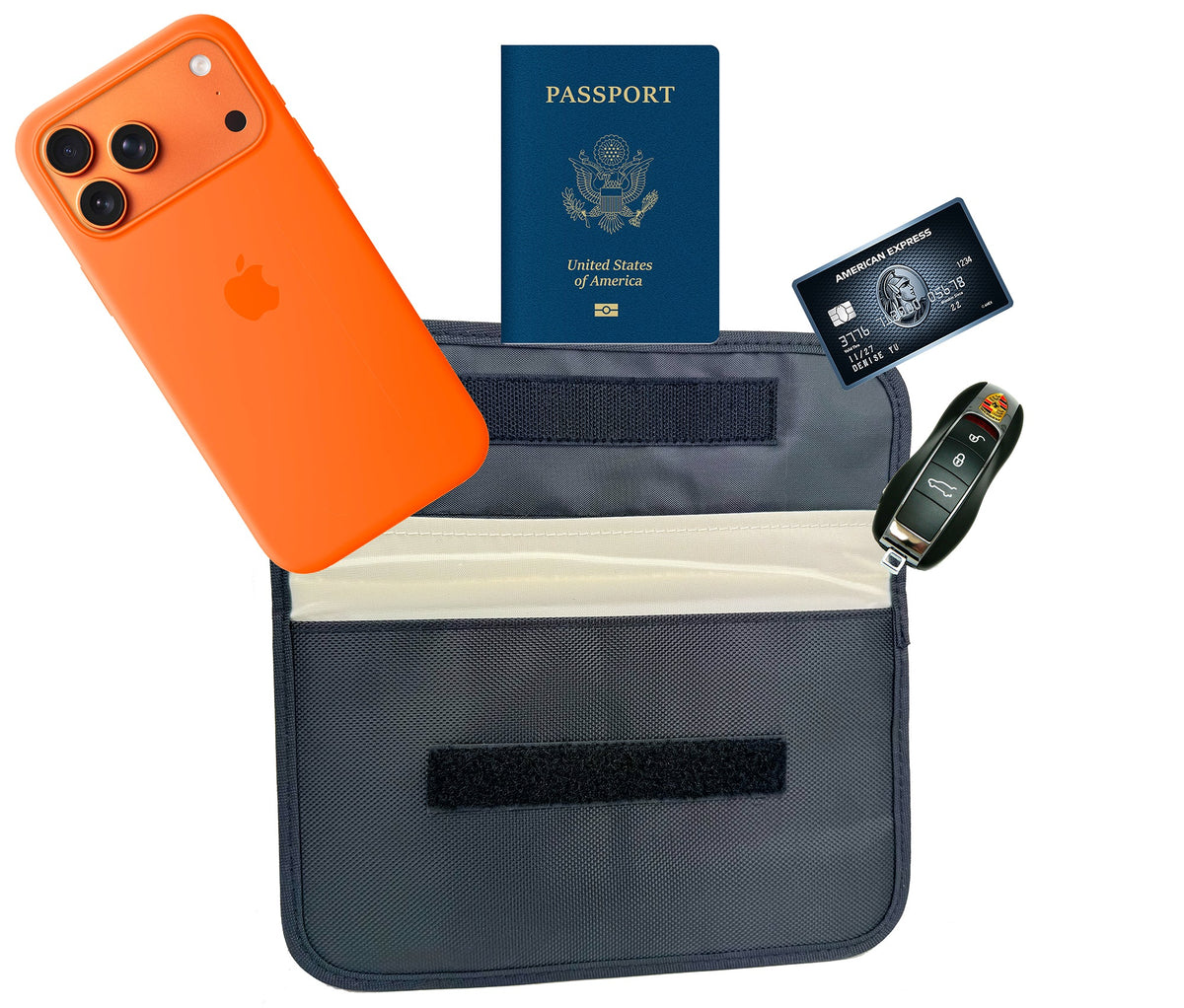 Mic-Lock Open Pro Max bag with example phone, passport, key and card