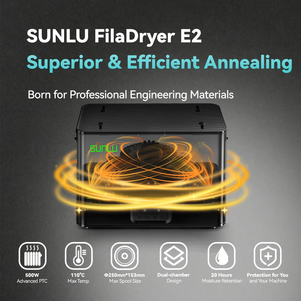 SUNLU FilaDryer E2 annealing illustration with heated airflow around a printed part