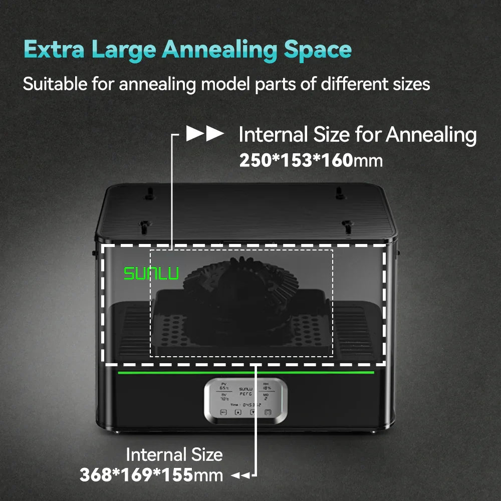 FilaDryer E2 annealing chamber diagram with 250 by 153 by 160mm interior dimensions