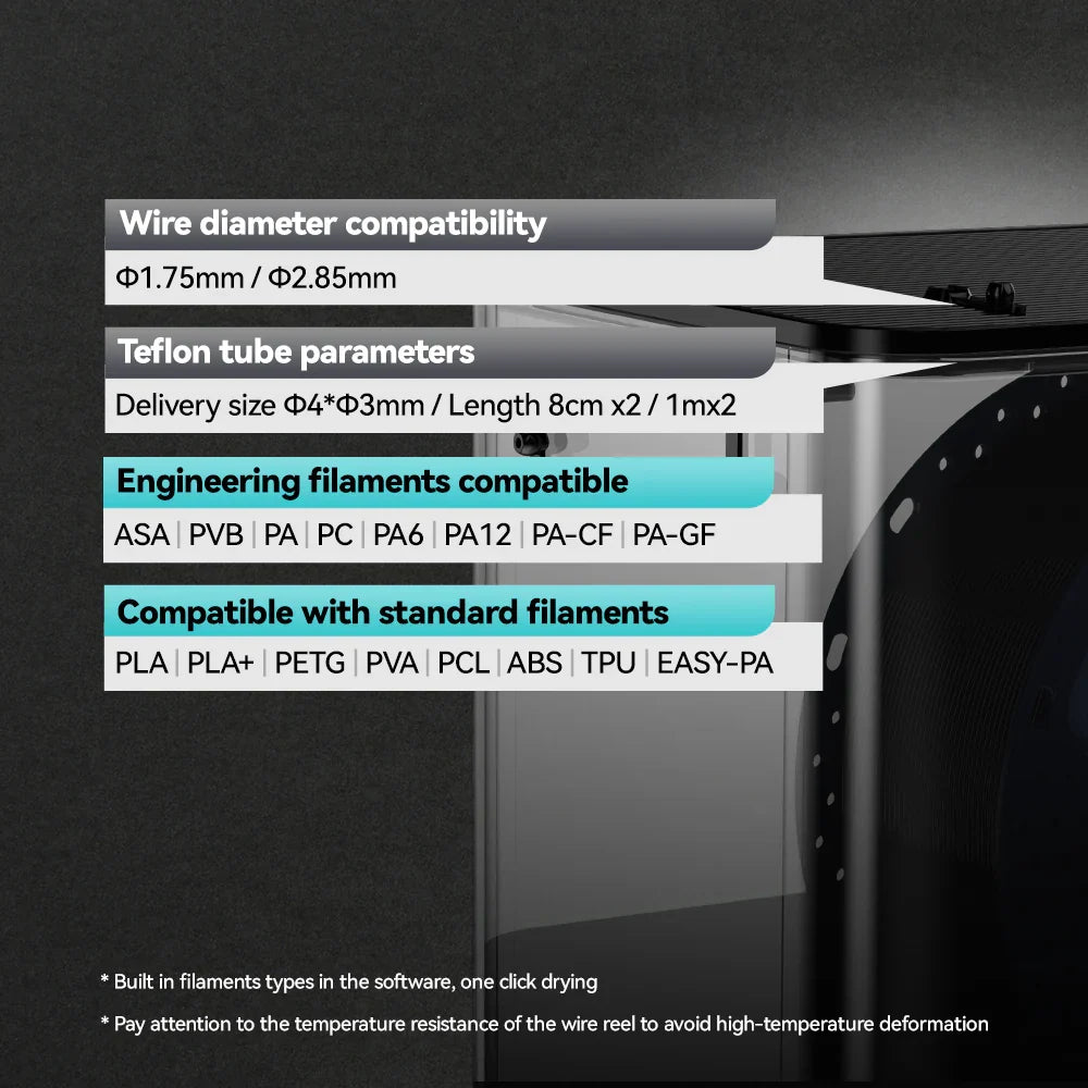 SUNLU E2 filament diameter and material compatibility chart