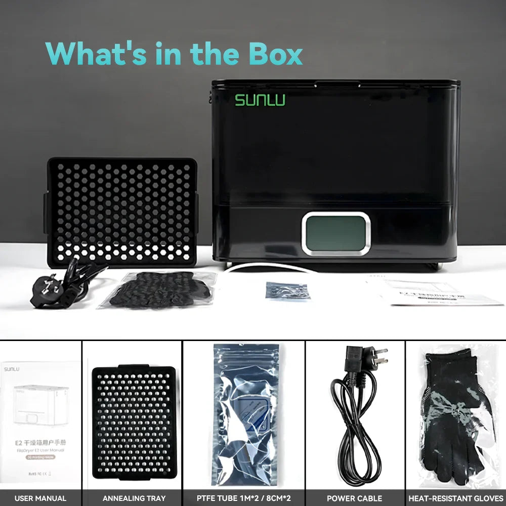 SUNLU FilaDryer E2 box contents with tray, power cord and accessories