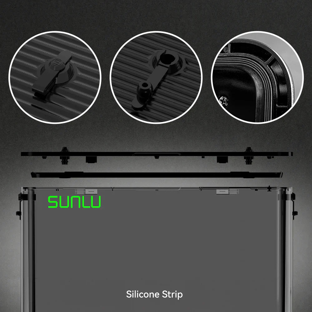 Close-up views of SUNLU E2 lid latches, seal and chamber top