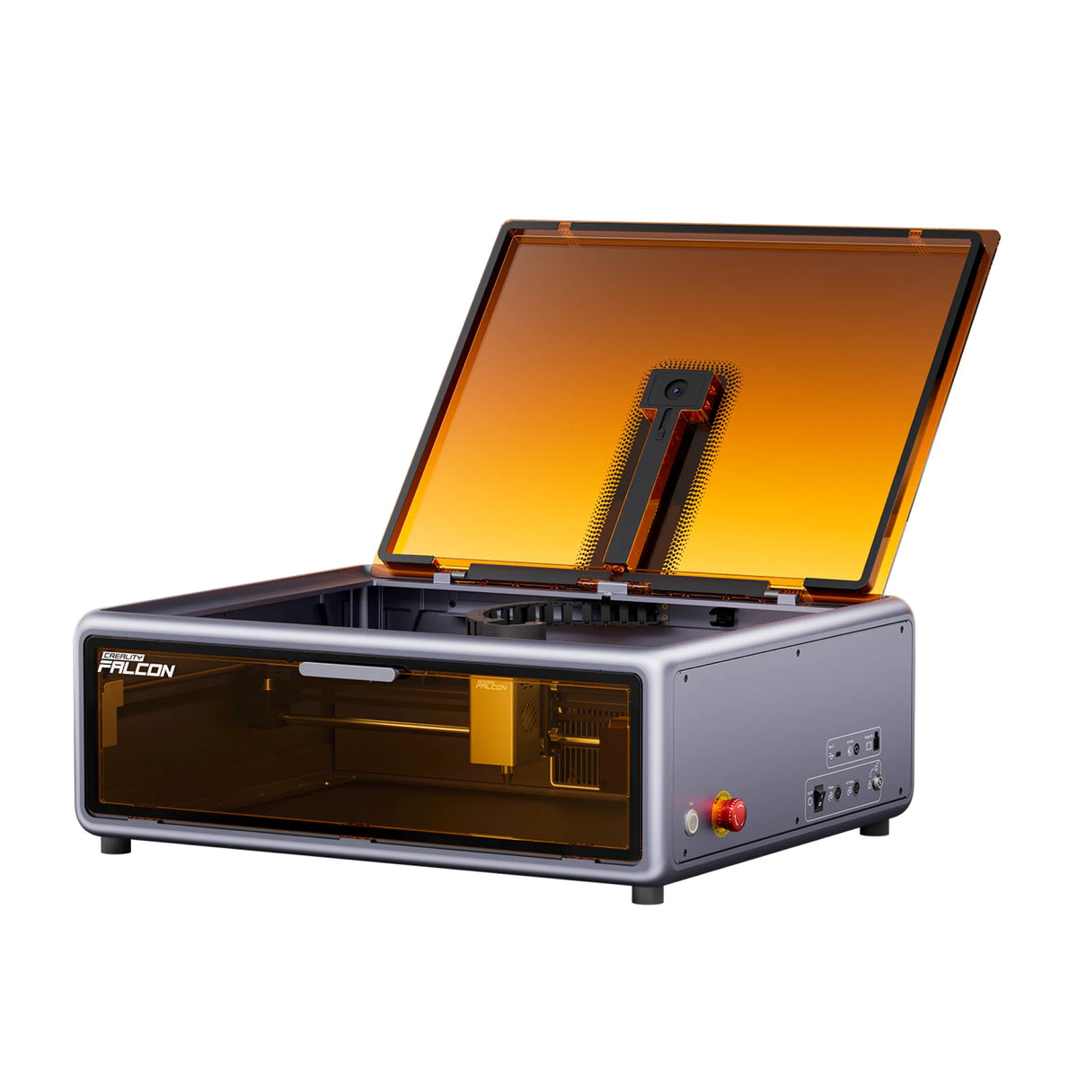 Creality Falcon A1 engraver with amber lid raised to show the camera and work area