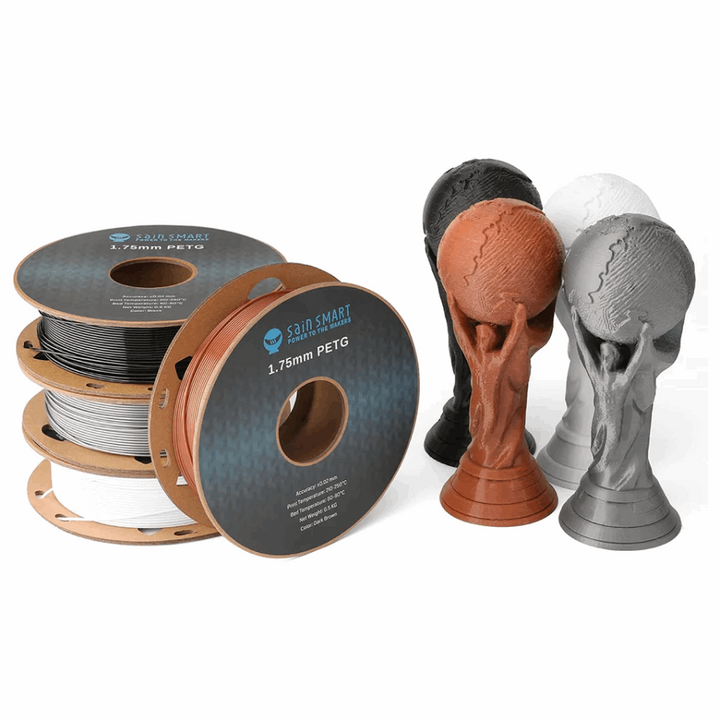 SainSmart four-color PETG spool pack and sample trophy prints