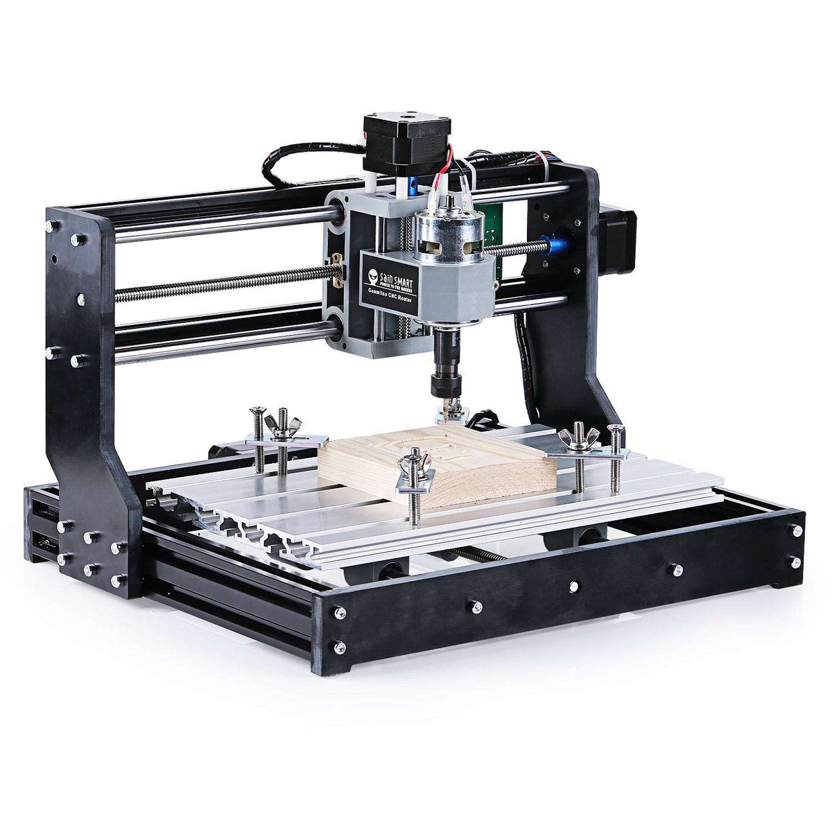 Genmitsu 3018-PRO CNC router with wooden workpiece clamped to bed
