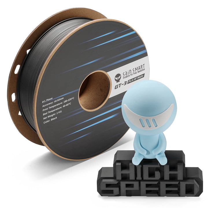 SainSmart GT-3 black matte PLA spool and printed sample