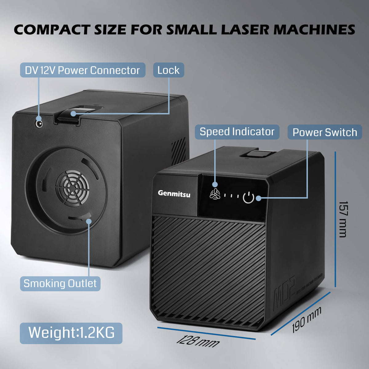 Genmitsu MD2 dimensions, power connection and controls