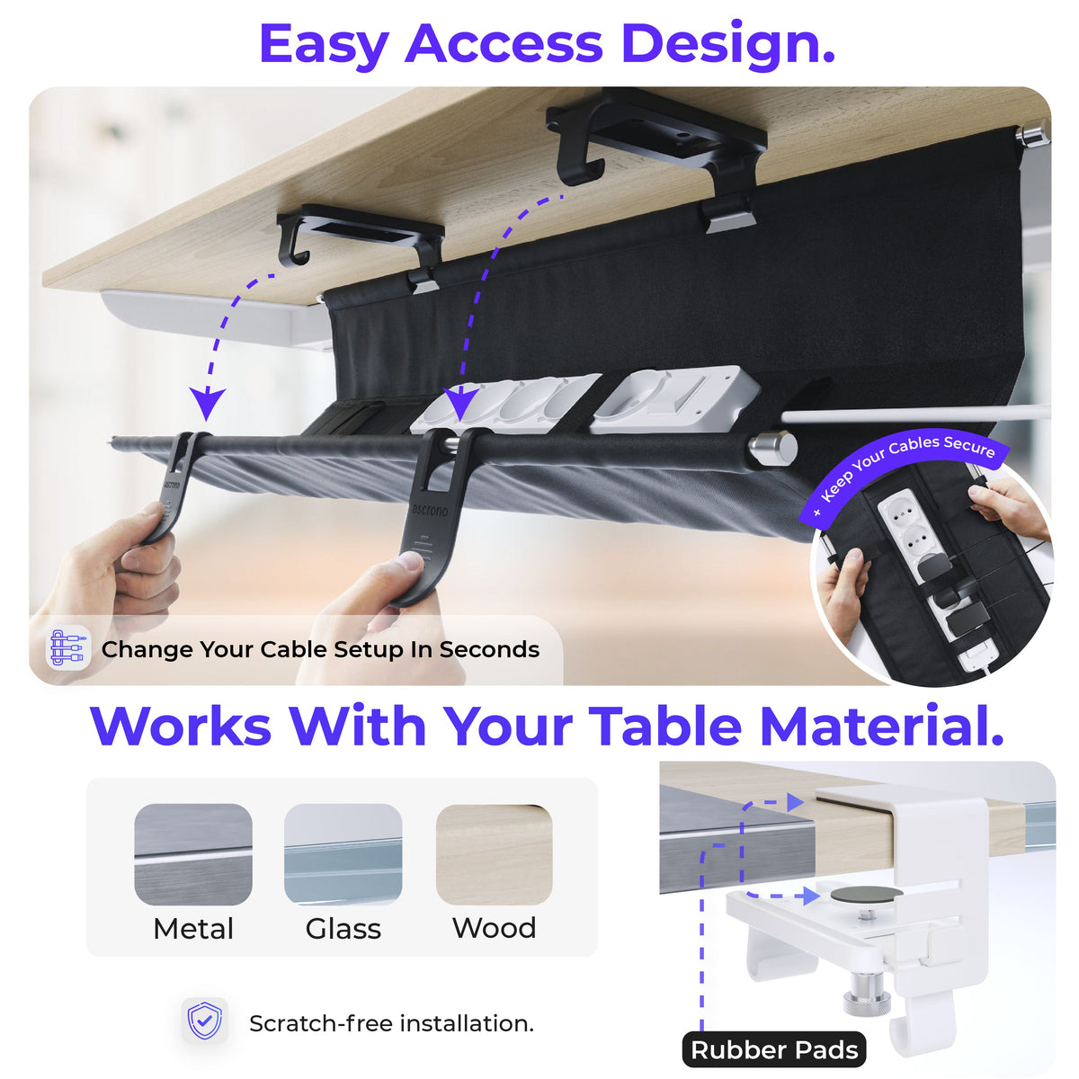 Ascrono CableCare Under-Desk Cable Management Tray