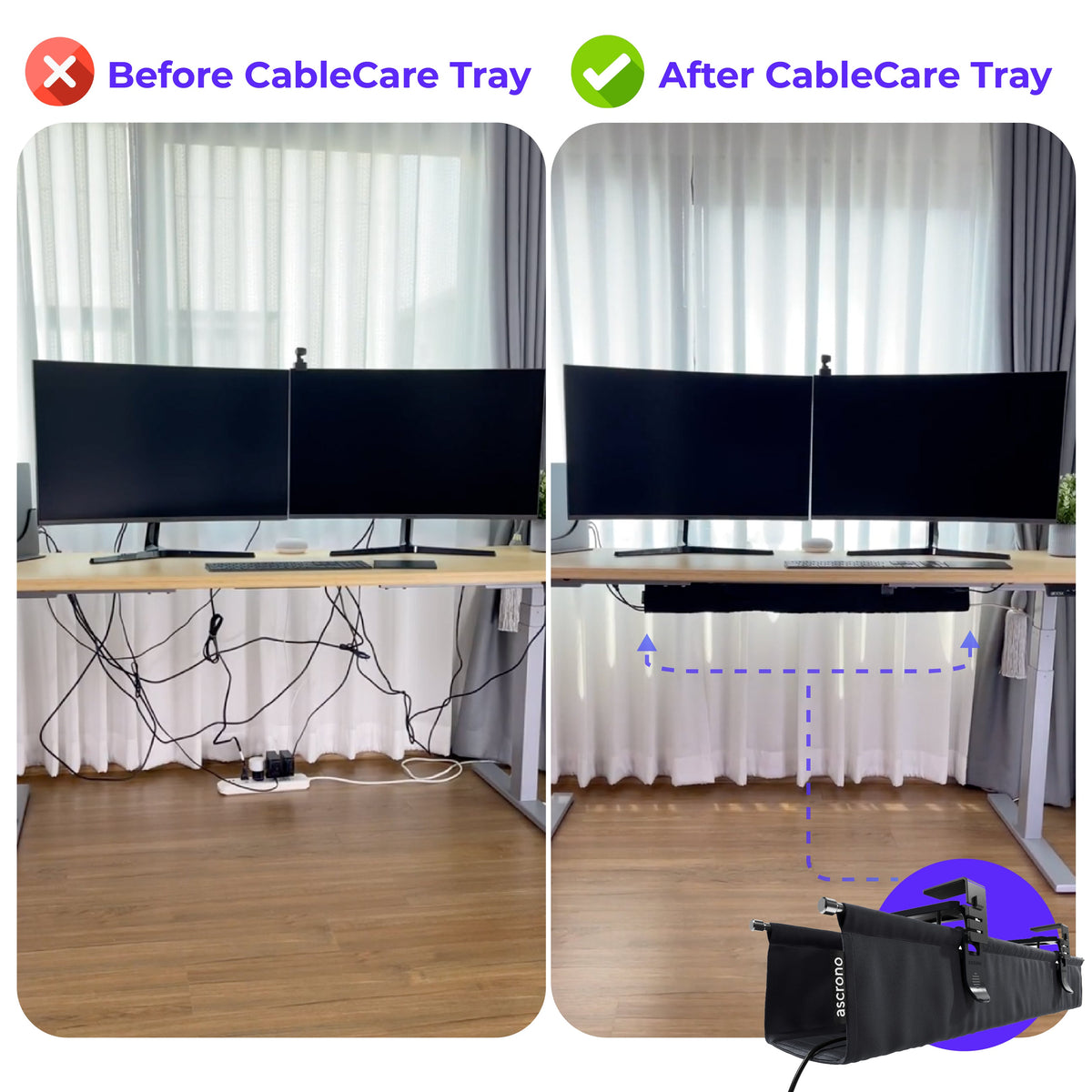 Ascrono CableCare Under-Desk Cable Management Tray