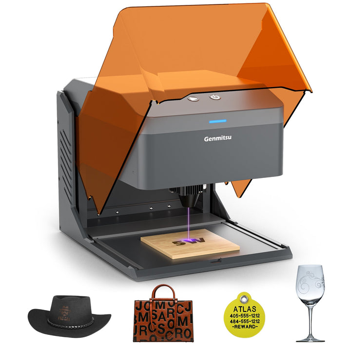 Genmitsu Kiosk 5W laser engraver with raised orange cover and example projects