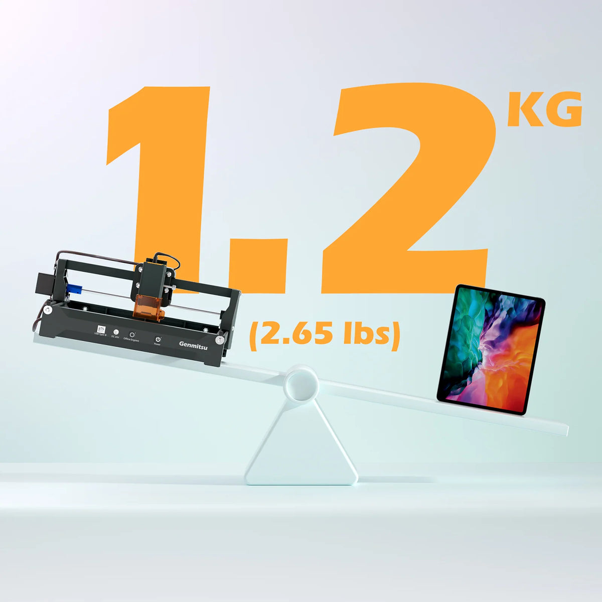 Kortek portability illustration showing its 1.2 kg weight beside a tablet