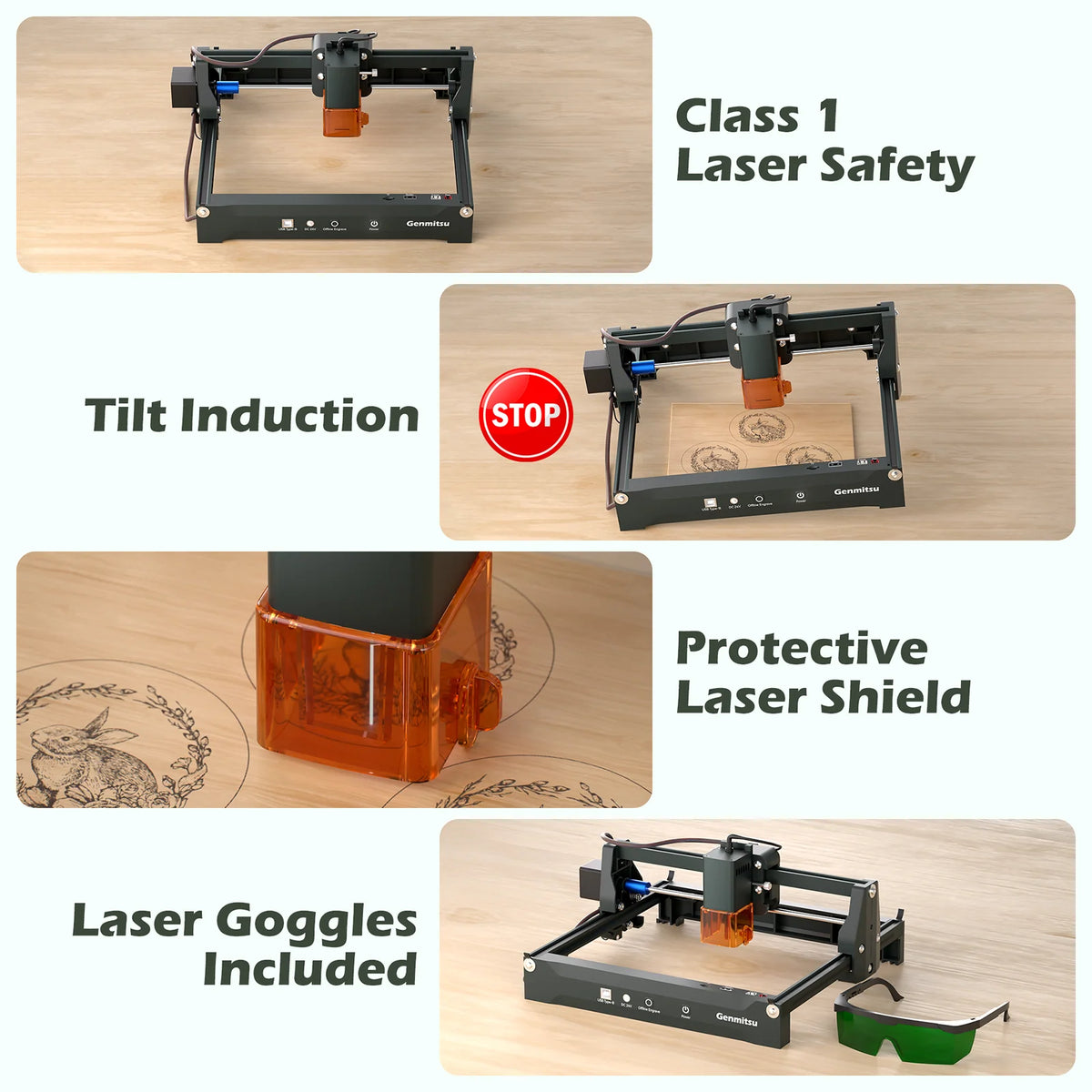 Kortek safety-feature diagram showing tilt detection and the protective laser shield