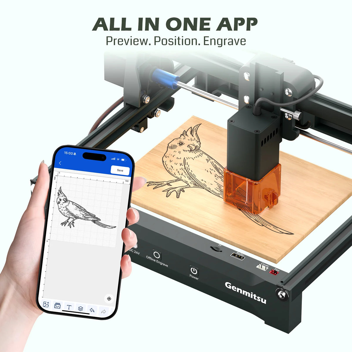 Phone app preview beside a Kortek engraving a bird design