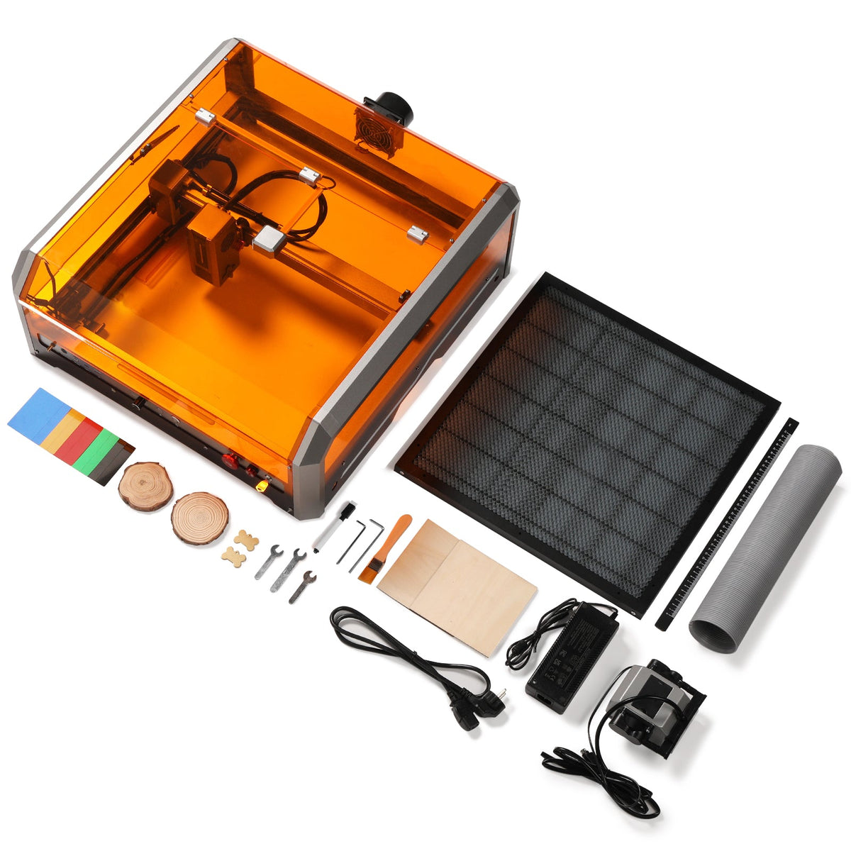 Genmitsu L8 engraver, honeycomb bed and accessories arranged together