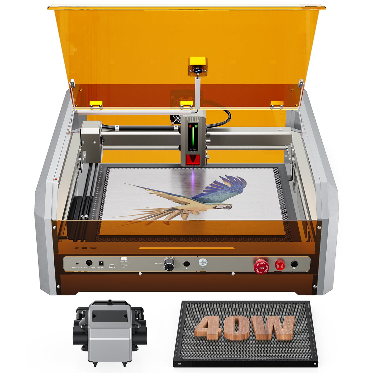 Genmitsu L8 40W engraver with air-assist pump and sample engraving