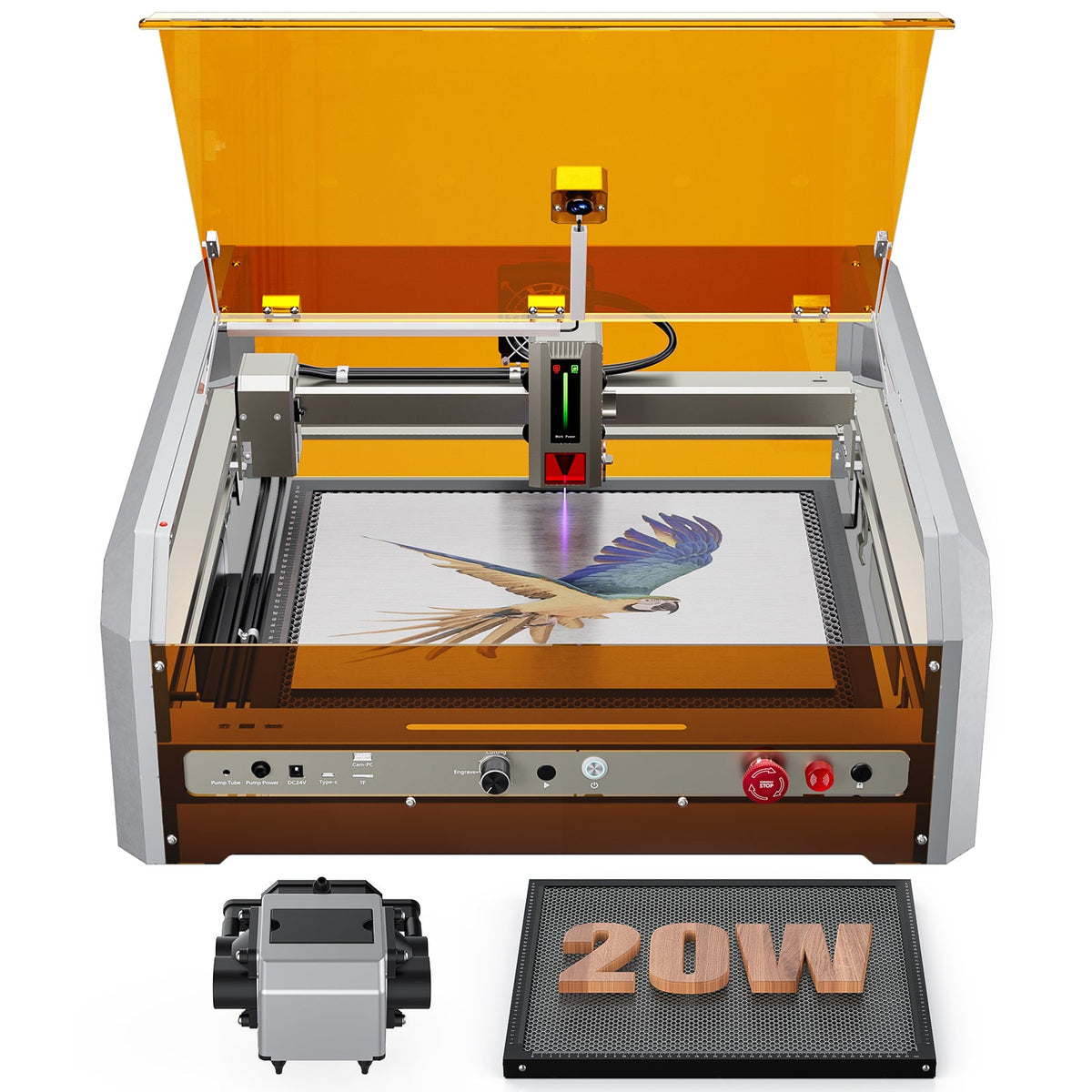 Genmitsu L8 20W engraver with air-assist pump and sample engraving