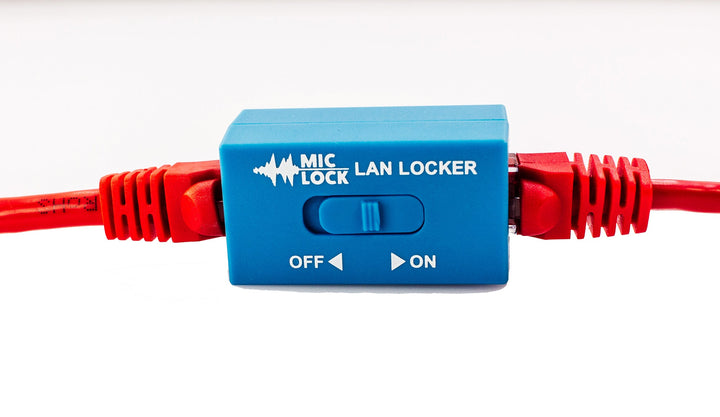 Mic-Lock Blue LAN Locker Ethernet switch connected to cables