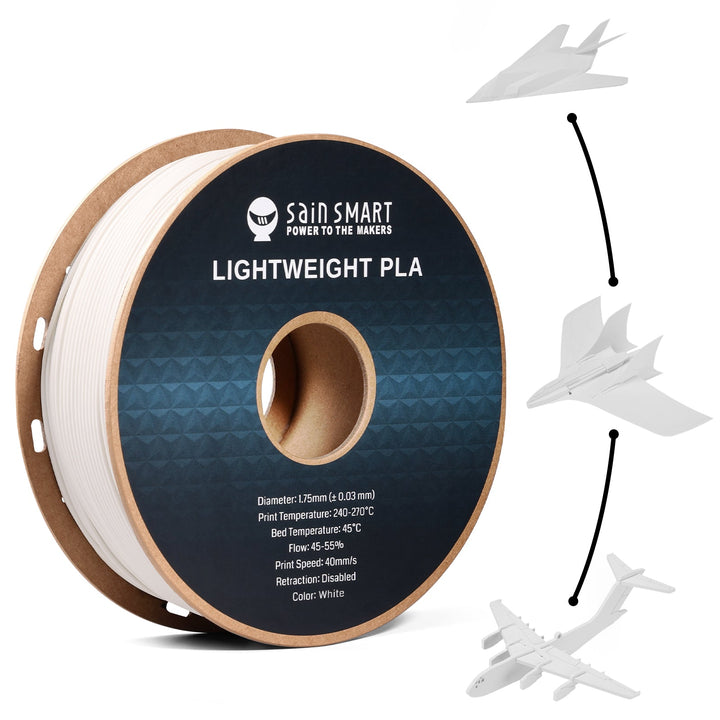 White SainSmart lightweight PLA spool with example model aircraft