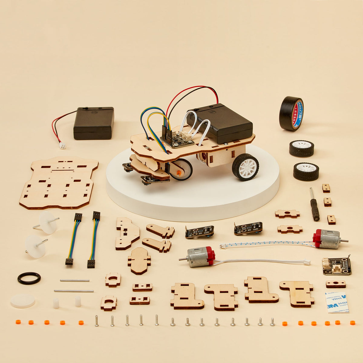 Kitsville Line Follower Robot Kit — kit components laid out