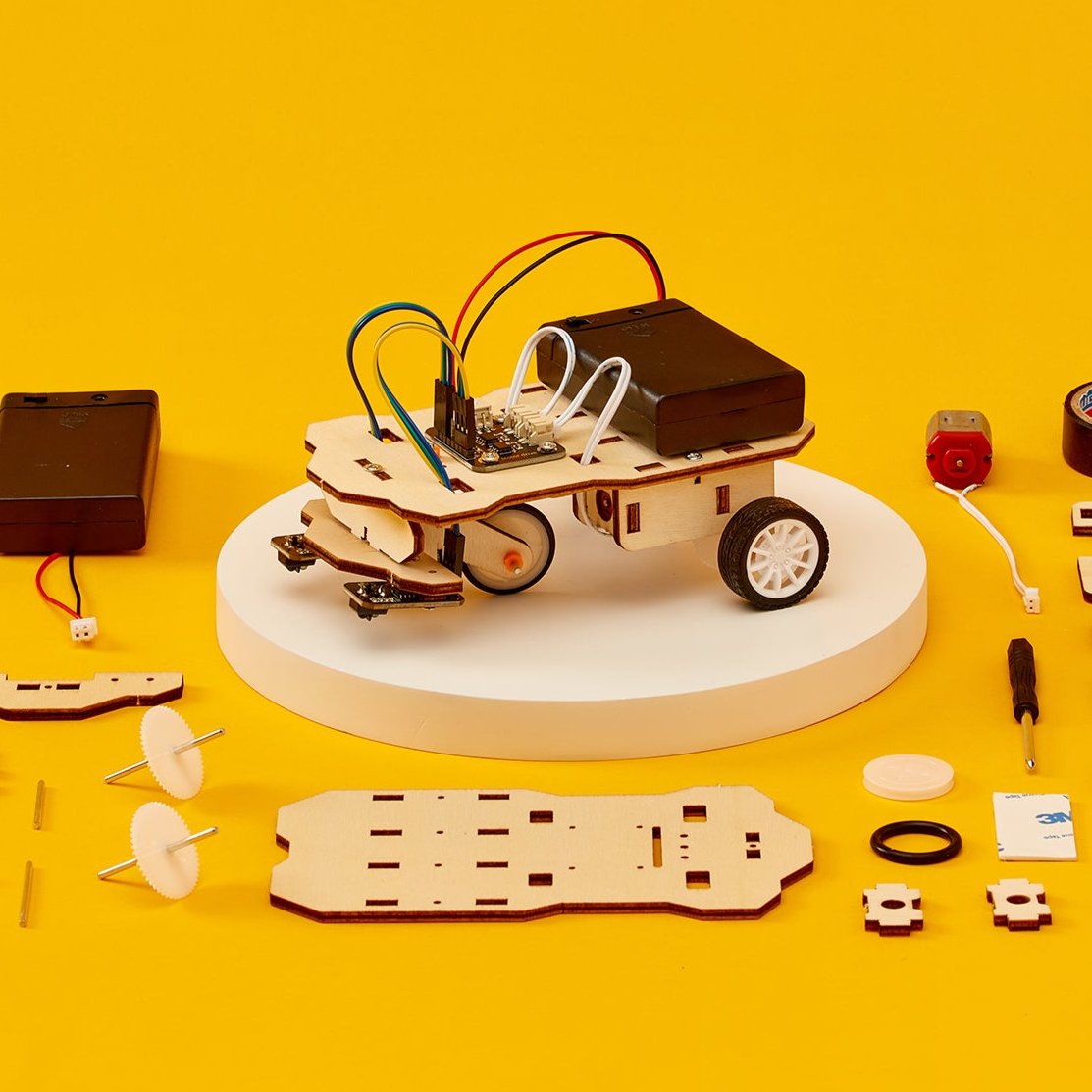 Kitsville Line Follower Robot Kit — assembled robot with components